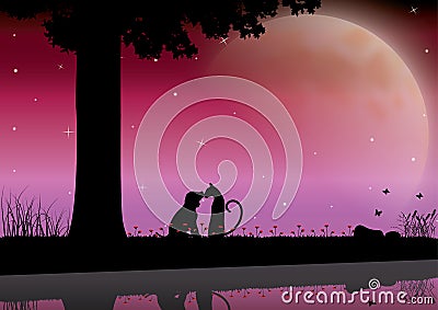 Vector illustrations Silhouette the dog and cat Romantic Vector Illustration