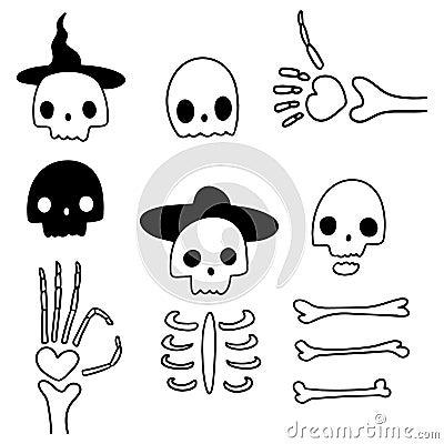 Vector illustrations of simple skeletons on white background. Drawn by hand halloween doodle set of skeletons and bones for differ Vector Illustration