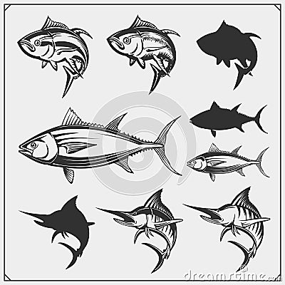 Vector illustrations of Tuna and Marlin. Monochrome design. Vector Illustration