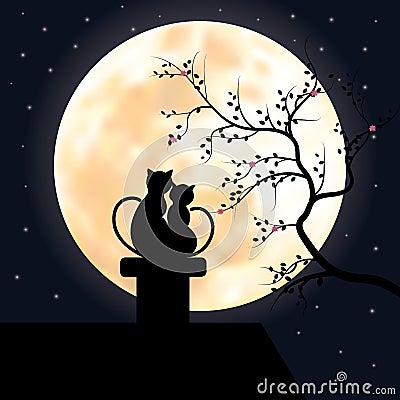 Vector illustrations ,Two cats on the roof Looking at the moon Vector Illustration