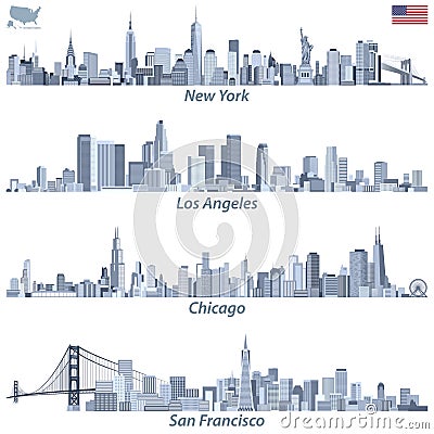vector illustrations of United States city skylines in tints of blue color palette with map and flag of United States Vector Illustration
