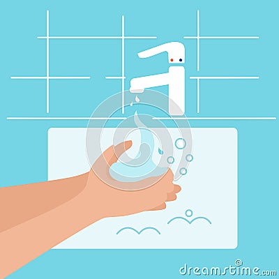 Vector illustrations about washing, hygiene, health care. Faucet in the bathroom with pouring water, soap and hands Vector Illustration