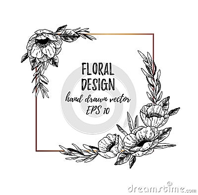 Vector illustrations - Winter gold square label with anemones Vector Illustration