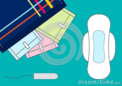 Vector illustratoin of tampons and menstruation sanitary soft pads in a kit. Woman critical days, menstrual cycle. A beautician wi Vector Illustration