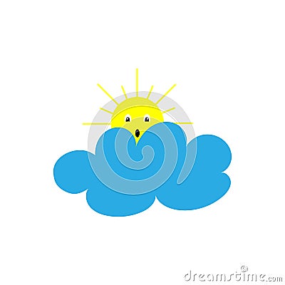 Vector illustraton. Yellow sun with face and eyes under the cloud. summer icon Stock Photo