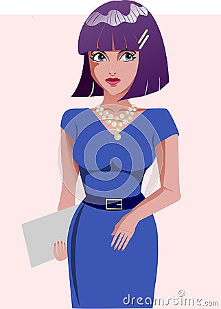 Vector illustrion cartoon young bussines woman in beautiful blue dress holding document. Vector Illustration