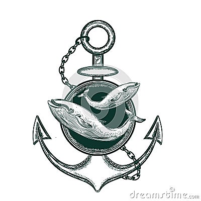 Vector image of anchor and whale. Tattoo sketch. Vector Illustration