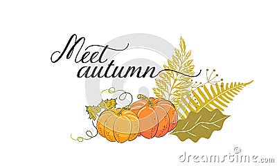 bouquet of yellow leaves, ripe pumpkins Vector Illustration