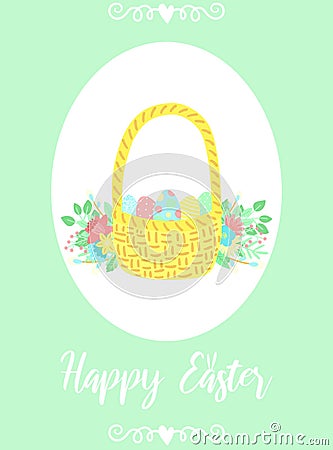 Vector image of a basket of eggs with flowers and leaves, decorations and an inscription. Hand-drawn Easter illustration for sprin Cartoon Illustration