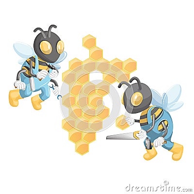 of bees in construction uniform with tools that build a house. Cartoon style. Isolated on white background. EPS 10 Vector Illustration