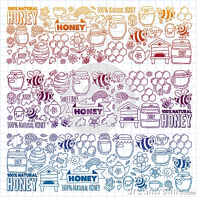 Vector image of bees, organic farm honey. Pattern with summer flowers. Healthy food. Vector Illustration