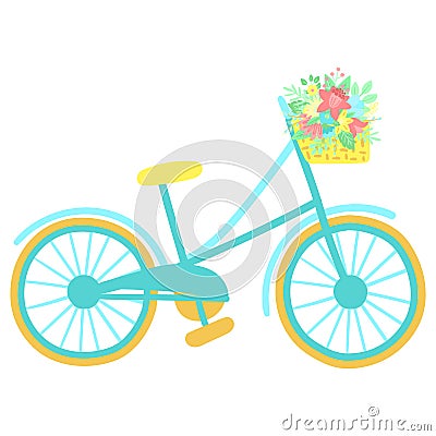 Vector image of a bicycle with basket and flowers on a white background. Hand-drawn Easter illustration of a bike for spring holid Cartoon Illustration