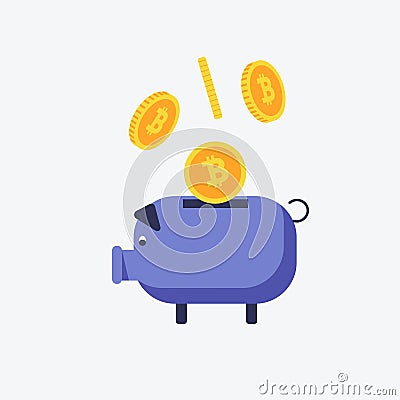 Vector image of bitcoins falling into the piggy bank Cartoon Illustration