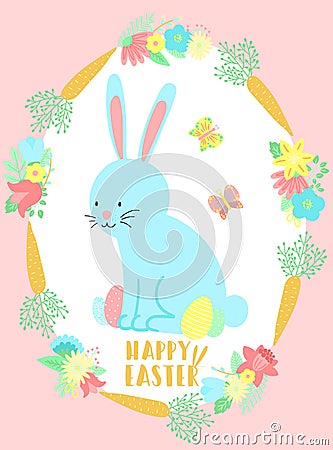 Vector image of a blue rabbit, butterflies and eggs in the flowers and carrots wreath. Hand-drawn Easter illustration of a bunny f Cartoon Illustration