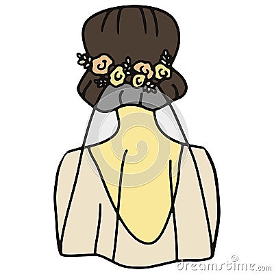 Vector image of a bride with a veil from the back. Hand-drawn. Design of posters, postcards, invitations, prints, stickers, Vector Illustration