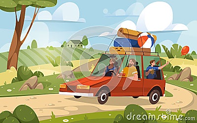 Vector image of car at road going on vacation trip Vector Illustration