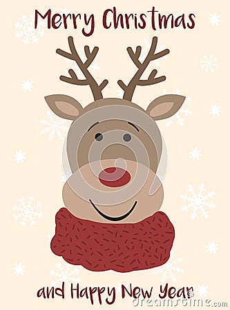 Vector image of a cartoon christmas deer. Hand-drawn greeting card against the backdrop of snowflakes. Winter Christmas and New Ye Cartoon Illustration