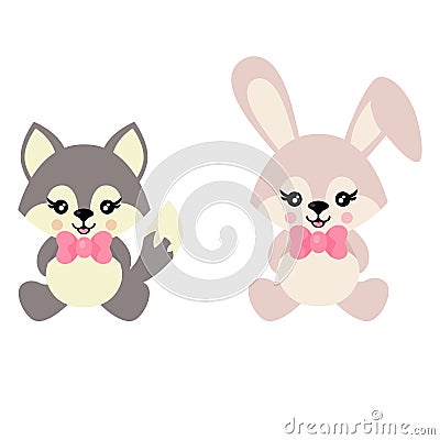 Cartoon cute bunny and wolf sits with tie vector Vector Illustration