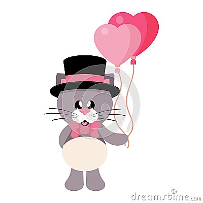 Cartoon cute cat with tie and hat and lovely balloons Vector Illustration