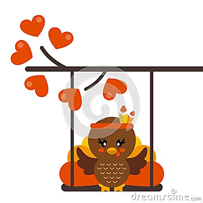 Cartoon cute turkey girl on a swing and on a lovely branch Vector Illustration