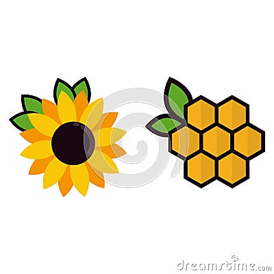 Cartoon honeycomb and sunflower with leaves Vector Illustration