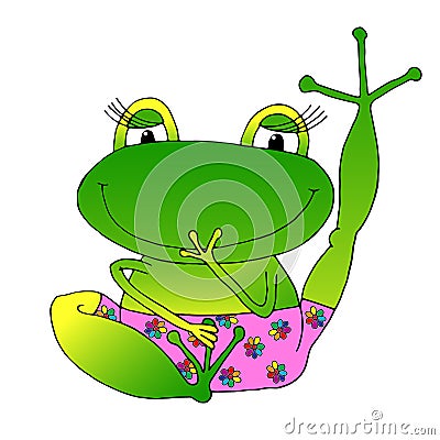 Vector image cheerful green frog in pink panties. Stock Photo