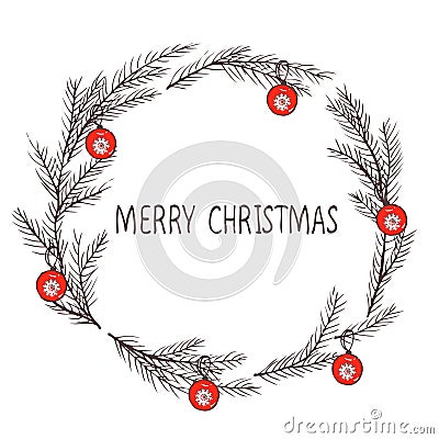 Vector image of a Christmas wreath, a wreath of fir. Merry Christmas inscription in the center. Christmas mood. Universal use. Cartoon Illustration