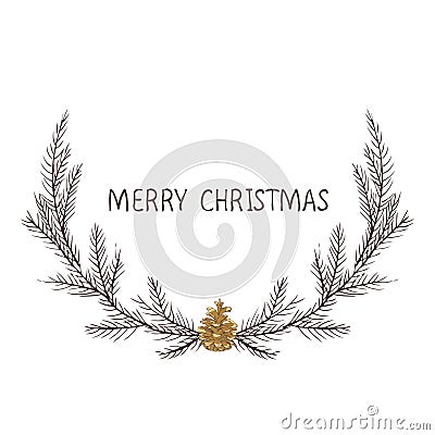 Vector image of a Christmas wreath, a wreath of fir. Merry Christmas inscription in the center. Christmas mood. Universal use. Cartoon Illustration