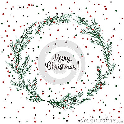 Vector image of a Christmas wreath, a wreath of green fir. Merry Christmas inscription in the center. Christmas mood. Universal us Cartoon Illustration