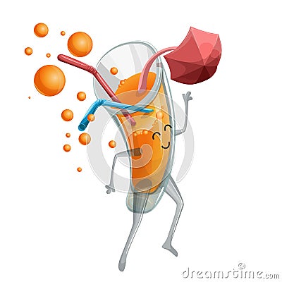 Image of creating a cocktail for packaging a children drink or juice with vitamins. Cartoon. Vector Illustration