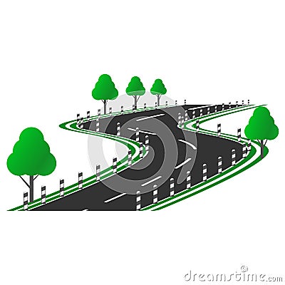 Vector image of a curved road picture with a roadside, trees and columns along the road. Flat Pattern Stock Photo