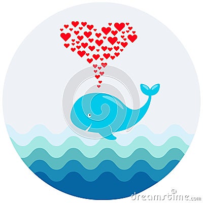 A vector image of a cute cartoon whale with hearts fountain. Illustration for greeting, baby shower or invitation card Vector Illustration