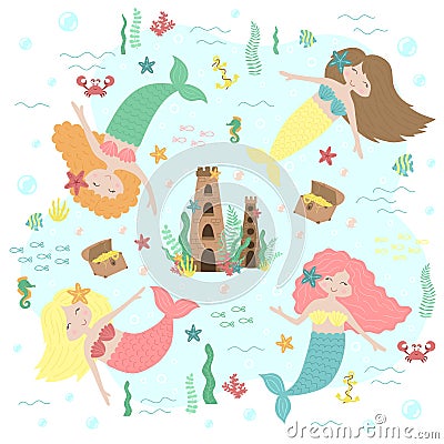 Vector image of cute little mermaids, castle, treasure and sea creatures. Marine hand-drawn illustration of underwater kingdom for Cartoon Illustration