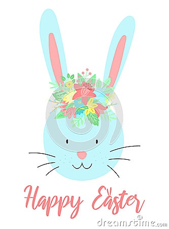 Vector image of a cute rabbit with flowers on the head with an inscription. Hand-drawn Easter illustration of a bunny for spring h Cartoon Illustration