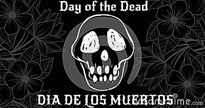 Vector image of day of the dead text and spooky skull over black background, copy space Stock Photo