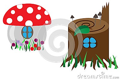Vector image of fairy houses in a mushroom and a stump Stock Photo