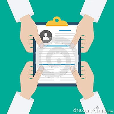 Vector image. Flat design.Clipboard in hand. Doctor with clipboard. Hand holding clipboard with checklist. Medical report Vector Illustration