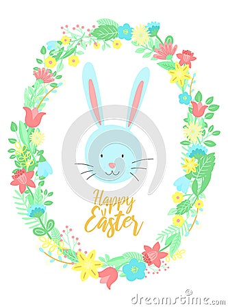 Vector image of a funny blue rabbit in the flowers wreath with an inscription. Hand-drawn Easter illustration of a bunny for sprin Cartoon Illustration