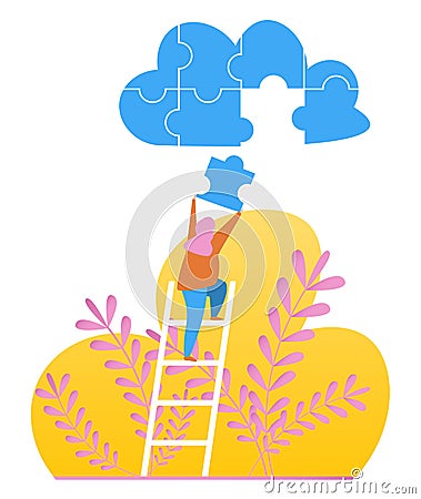 Vector image. The girl on the stairs. Putting together a cloud puzzle. Business concept Vector Illustration