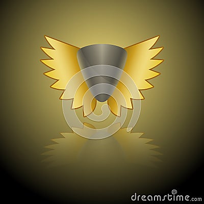 Vector image of a gray shield logo with golden wings on a black-and-gold background with a mirror image Stock Photo