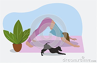 Doggy yoga class. doing assana downward-facing dog Adho Mukha Svanasana Vector Illustration
