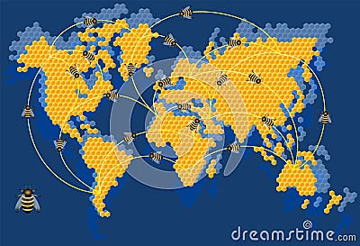 Vector image of a honeycomb repeating the outlines of the world map, as a concept of relationships in different directions on a Vector Illustration