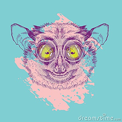 Vector image of lemur lory. painted in pink on a turquoise background. Surrealism. T-shirt design. Vector Illustration