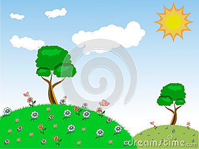 Vector. Image of a magnificent summer landscape with green emerald grass, flowering trees and flowers, flying butterflies and a br Vector Illustration