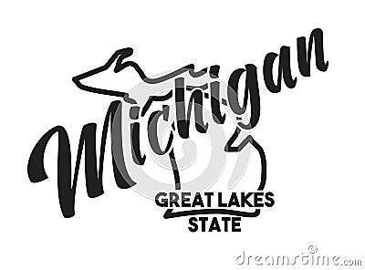 Vector image of Michigan. Lettering nickname Great Lakes State. United States of America outline silhouette. Hand-drawn map of US Stock Photo