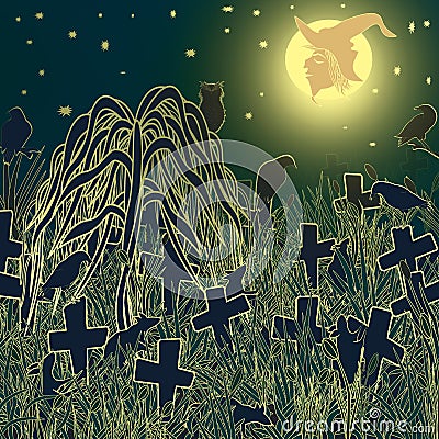 On the night of Halloween in the old cemetery. Vector Illustration