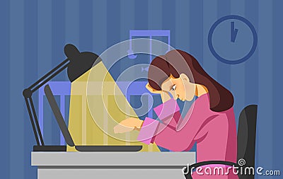 A vector image of a mother working lately at the computer while the baby is sleeping. A part-time job vector. Vector Illustration