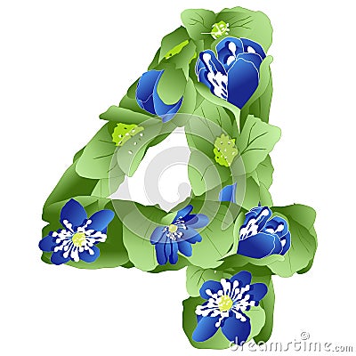 Vector image of the number 4 in the form of flowers and leaves of liverwort Vector Illustration