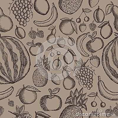 Vector image of painted fruits on a brown background. Graphic vintage seamless pattern. Stock Photo