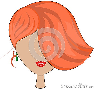 Stylish Vector picture of an asymmetrical hairstyle of a young girl with red hair, in green catkins, on an isolated background. Stock Photo